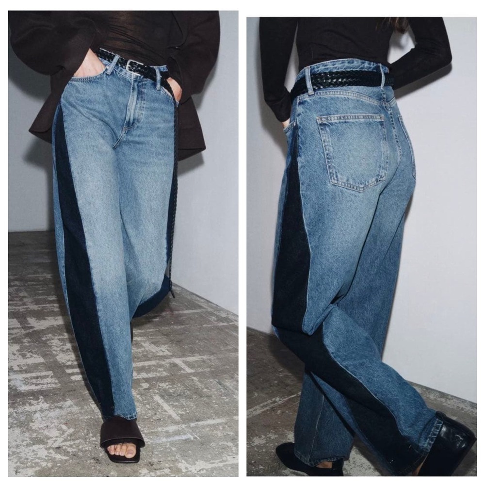 Zara Barrel Jeans Two Tone Contrast Side Panel Blue Denim USA 4 EUR 36 MEX 26